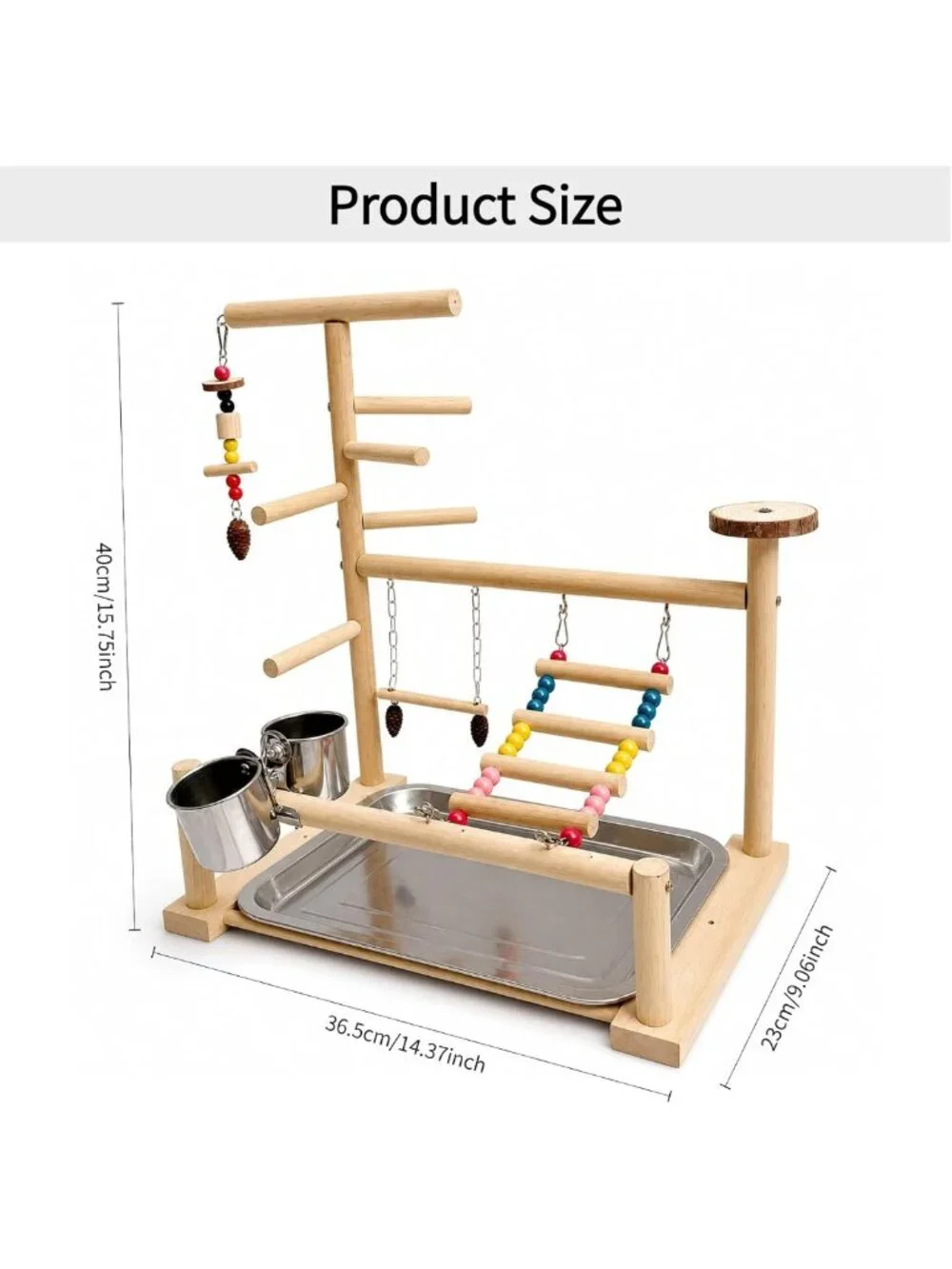 Natural Wood Bird Playground Stand with Ladder, Swing, Food & Water Bowls for